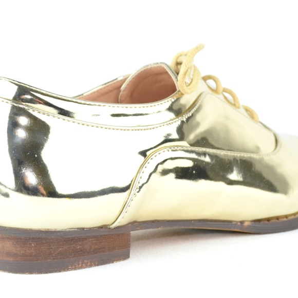 NEW Women's Gold Lace Up Low Stacked Heel OXFORD - Picture 3 of 5